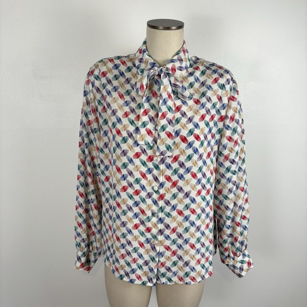 VTG Bleyle Colorful Print Long Sleeve Button Down Blouse Shirt Tie Neck 2X ?